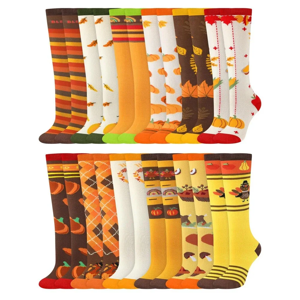 Patelai Kids 12 Pairs Thanksgiving Knee High Socks Fall Funny Autumn AGED 4-8